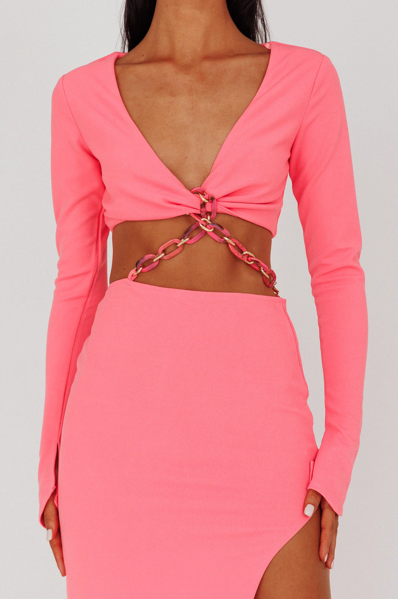 Sigournie Long Sleeve Chain Midi Dress Pink