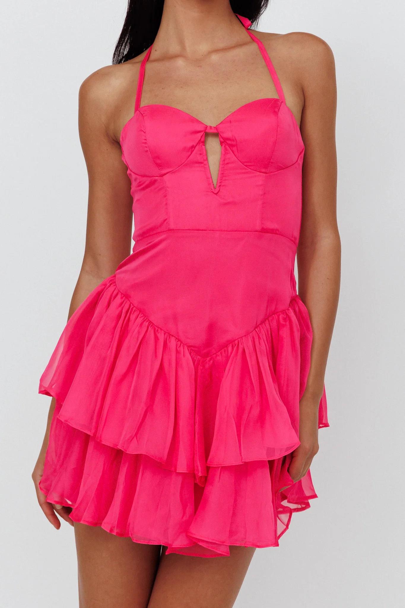 Tuscan Summer Flounce Mini Dress Hot Pink