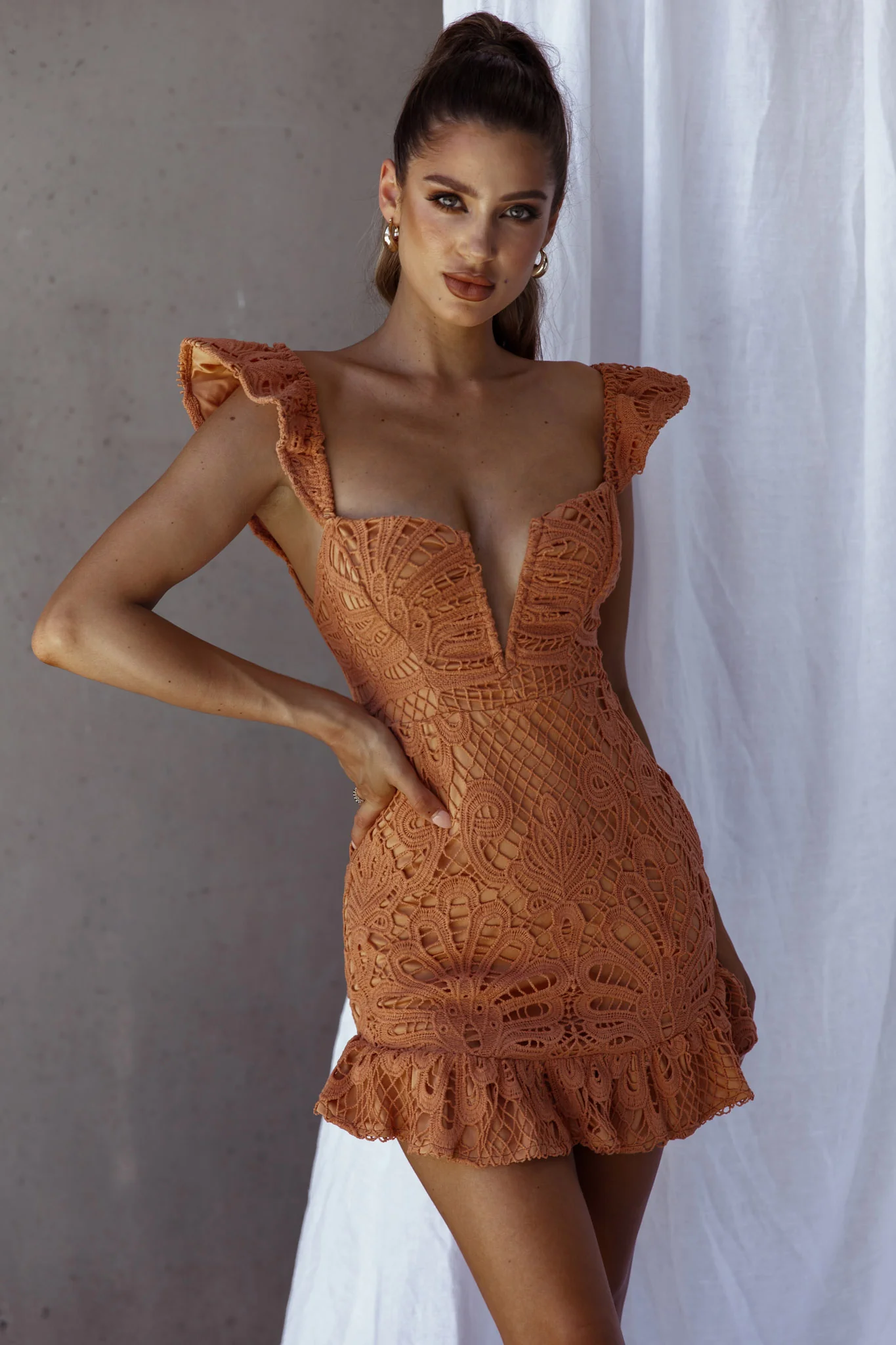 Mon Papillon Lace Mini Dress Apricot