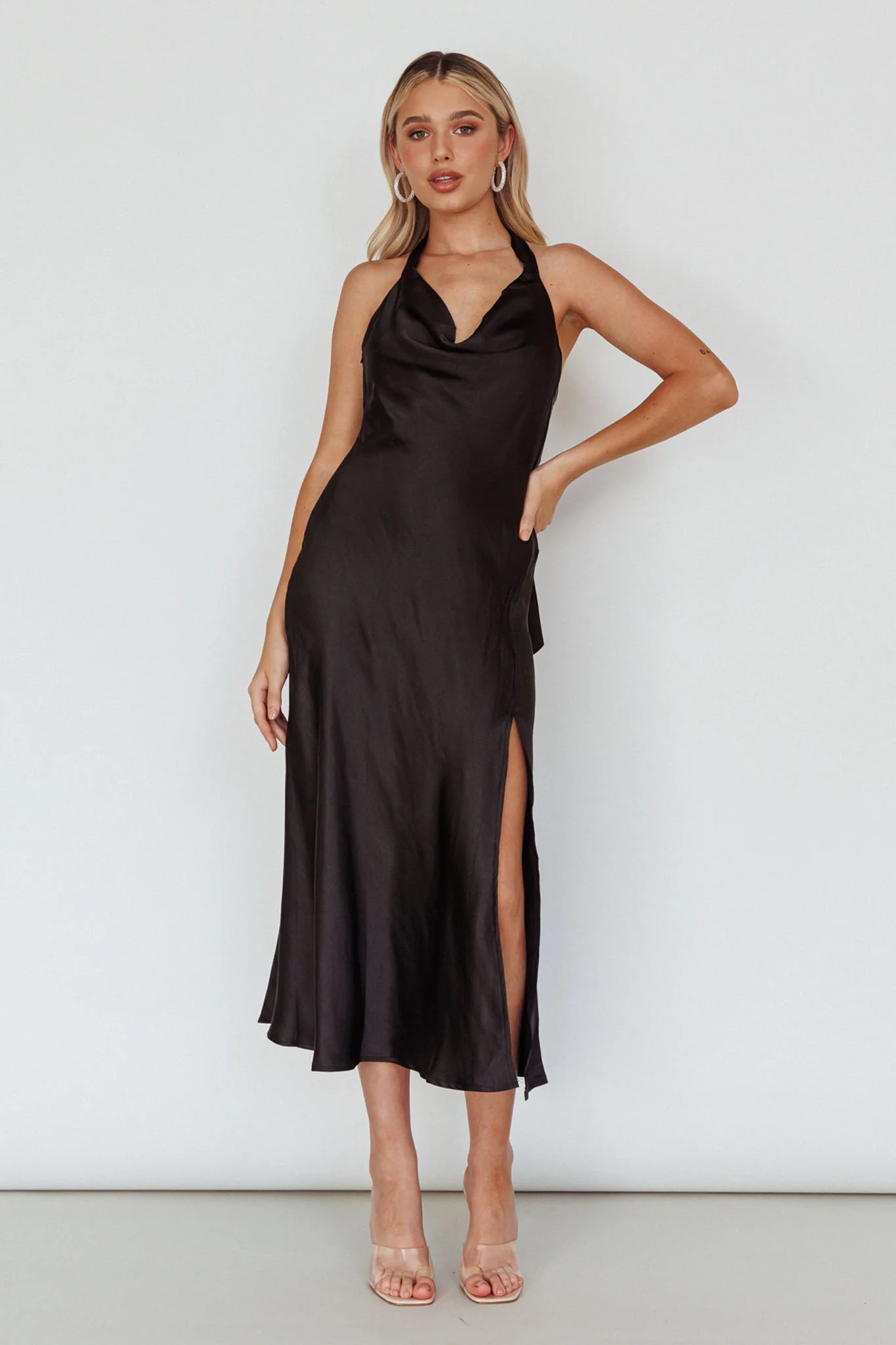 Champagne Showers Halterneck Slip Midi Dress Black