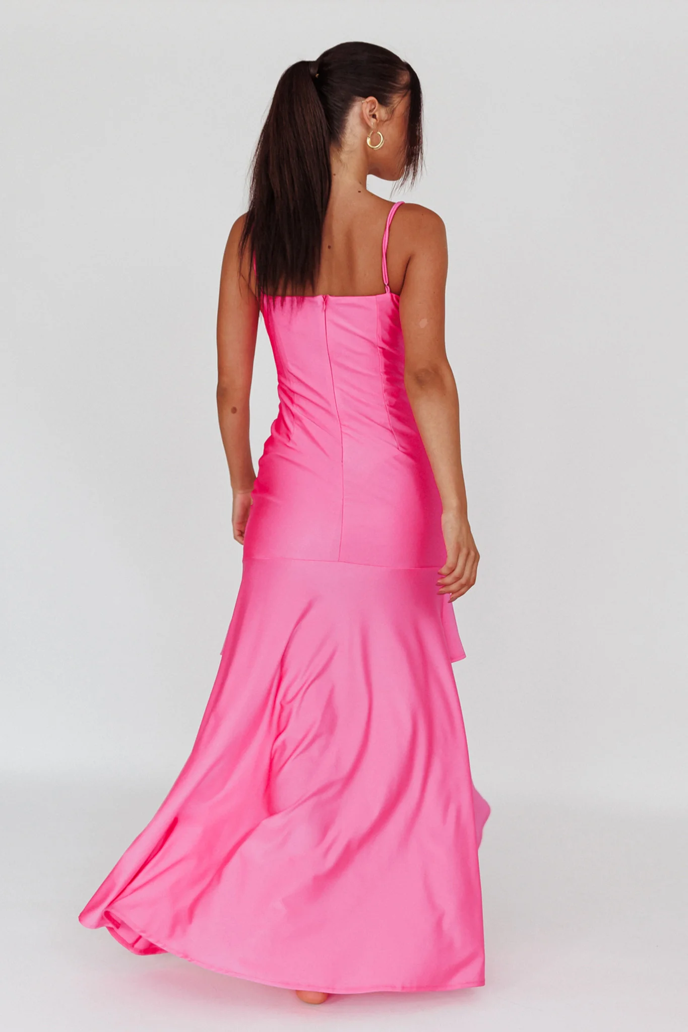 Rosalia Ruched Ruffle Maxi Dress Fuchsia