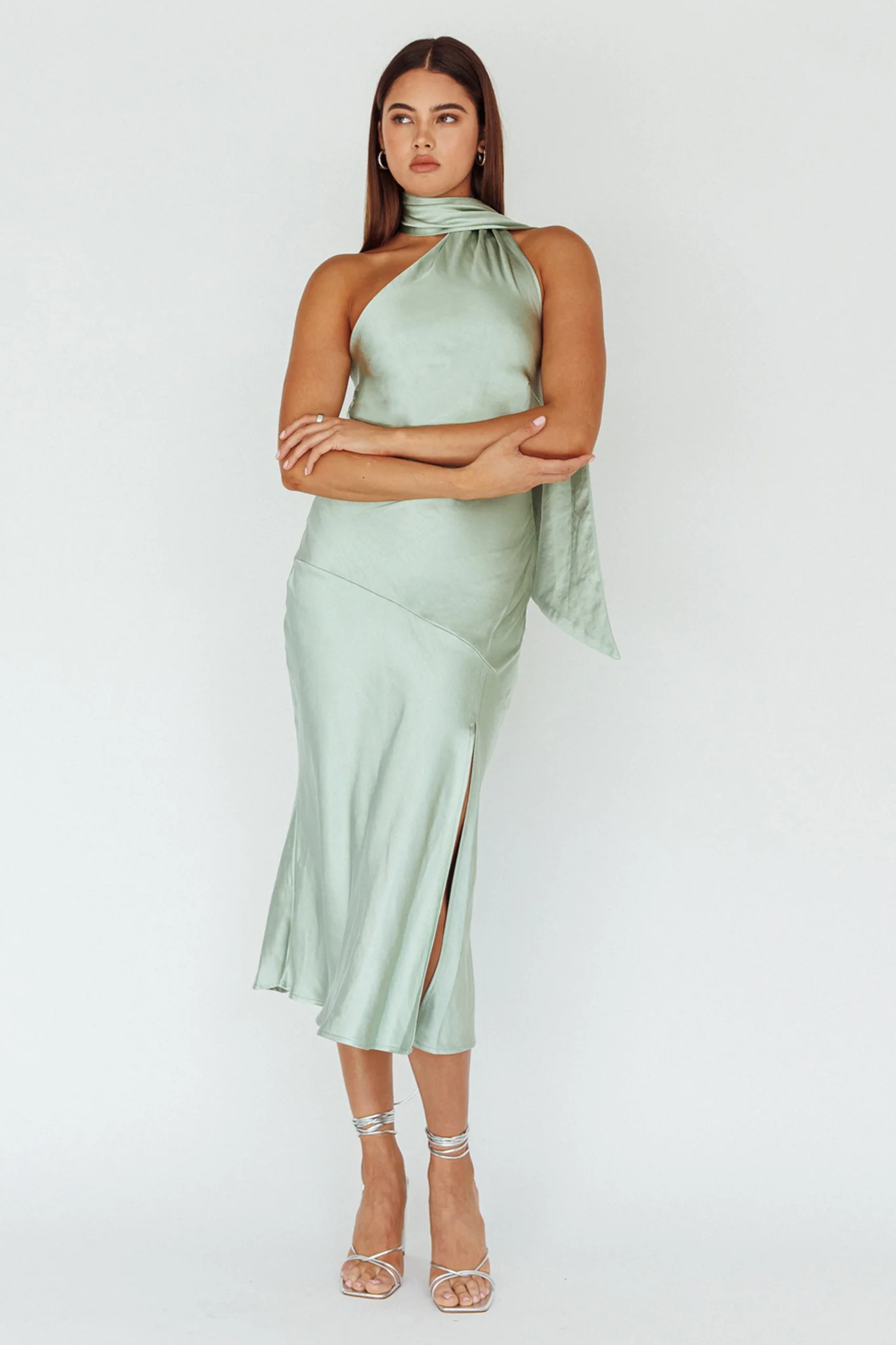 Italian Summer Tie Neck Midi Dress Sage
