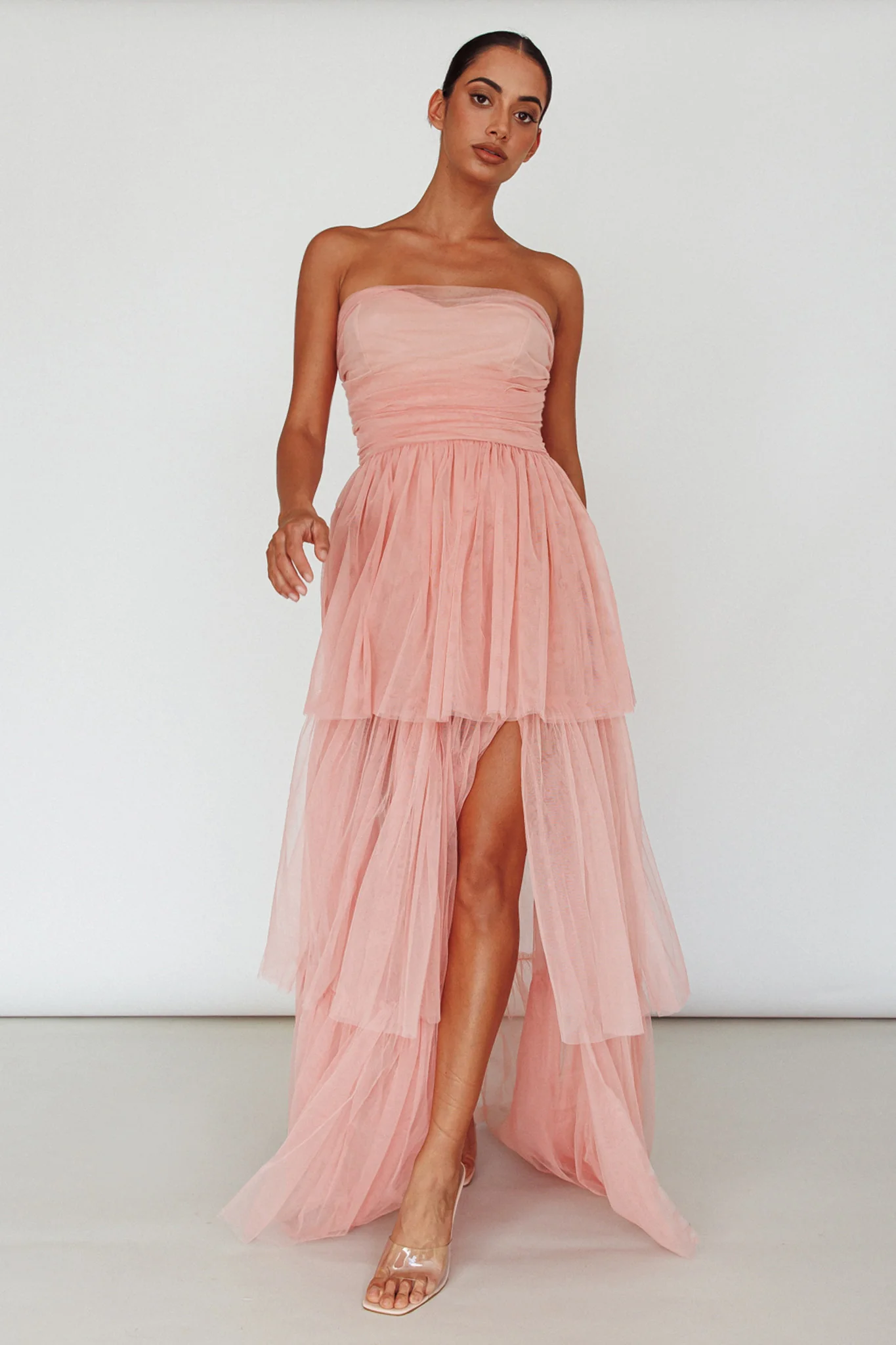 Haeven Tiered Strapless Maxi Dress Blush