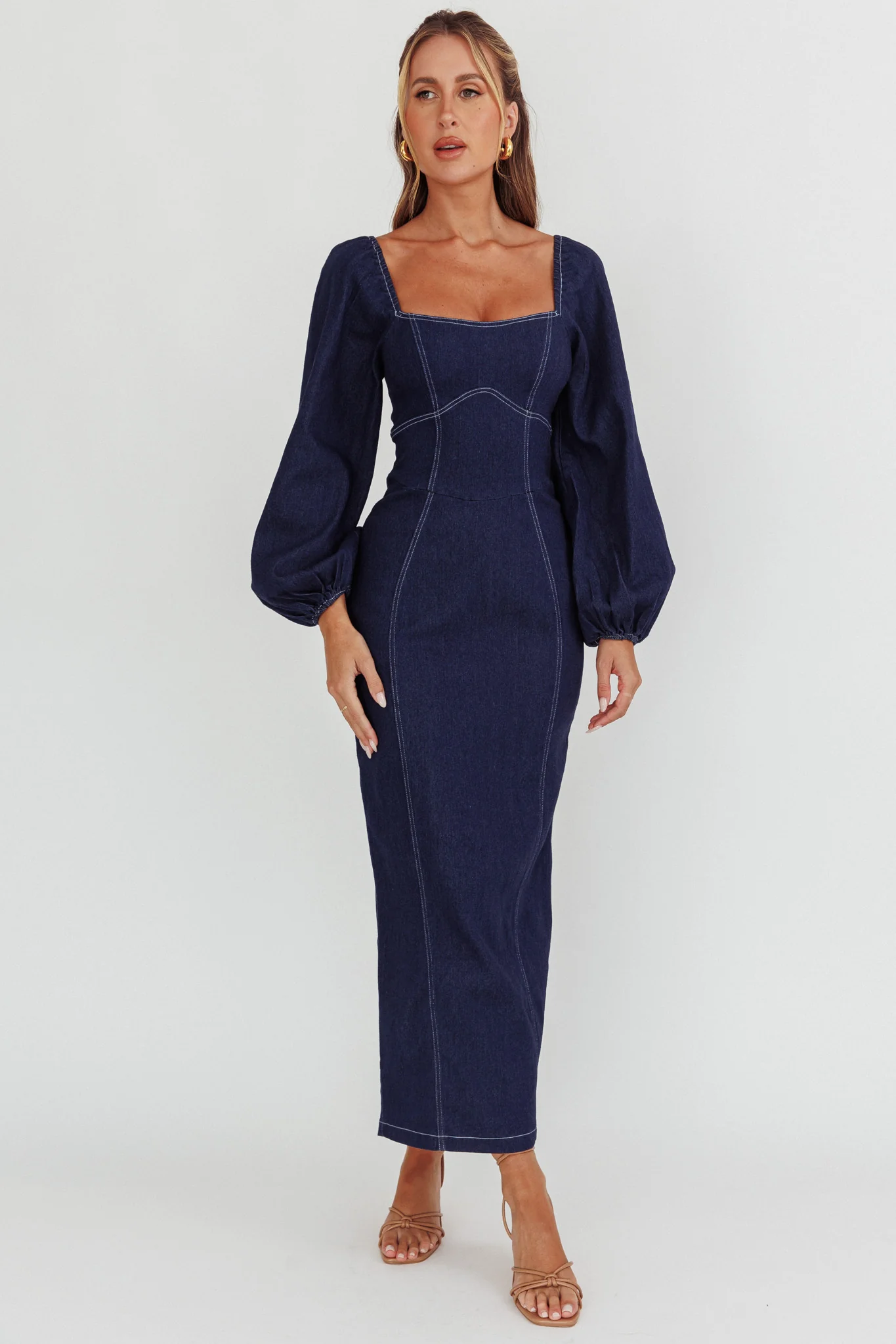 Bay Side Long Sleeve Denim Midi Dress Indigo
