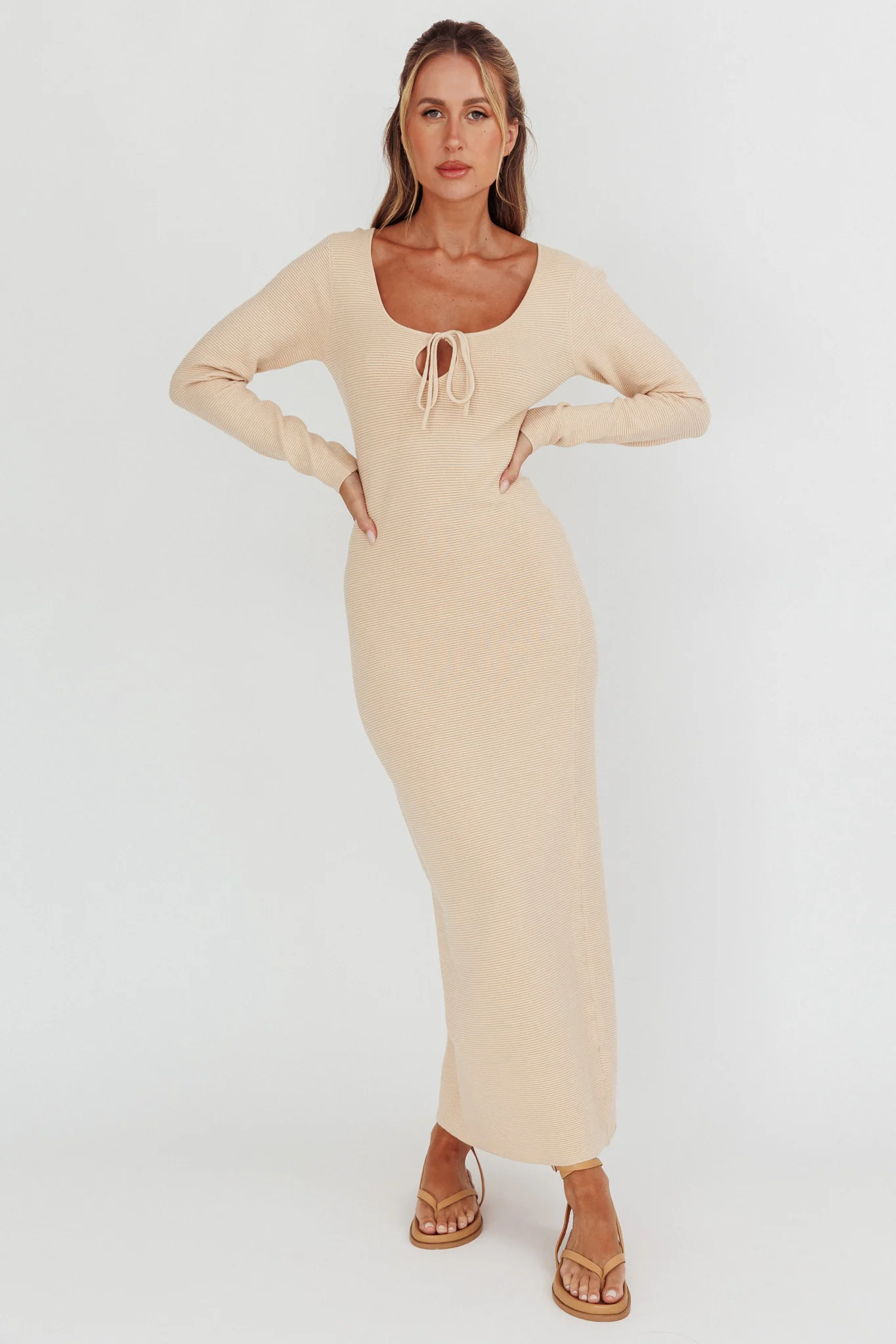 Merine Long Sleeve Knit Maxi Dress Sand