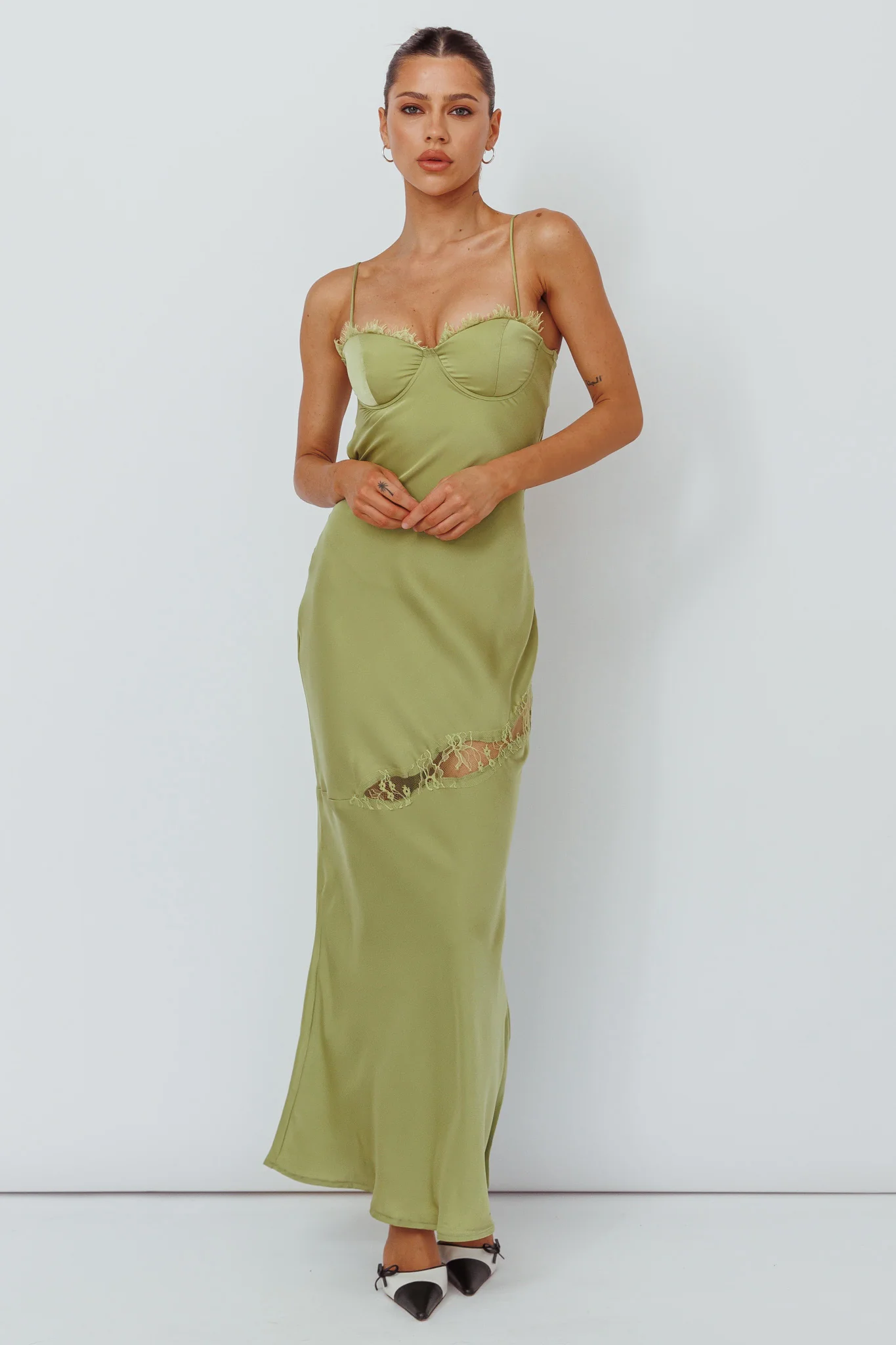 Sweet Talker Lace Trim Midi Dress Lime