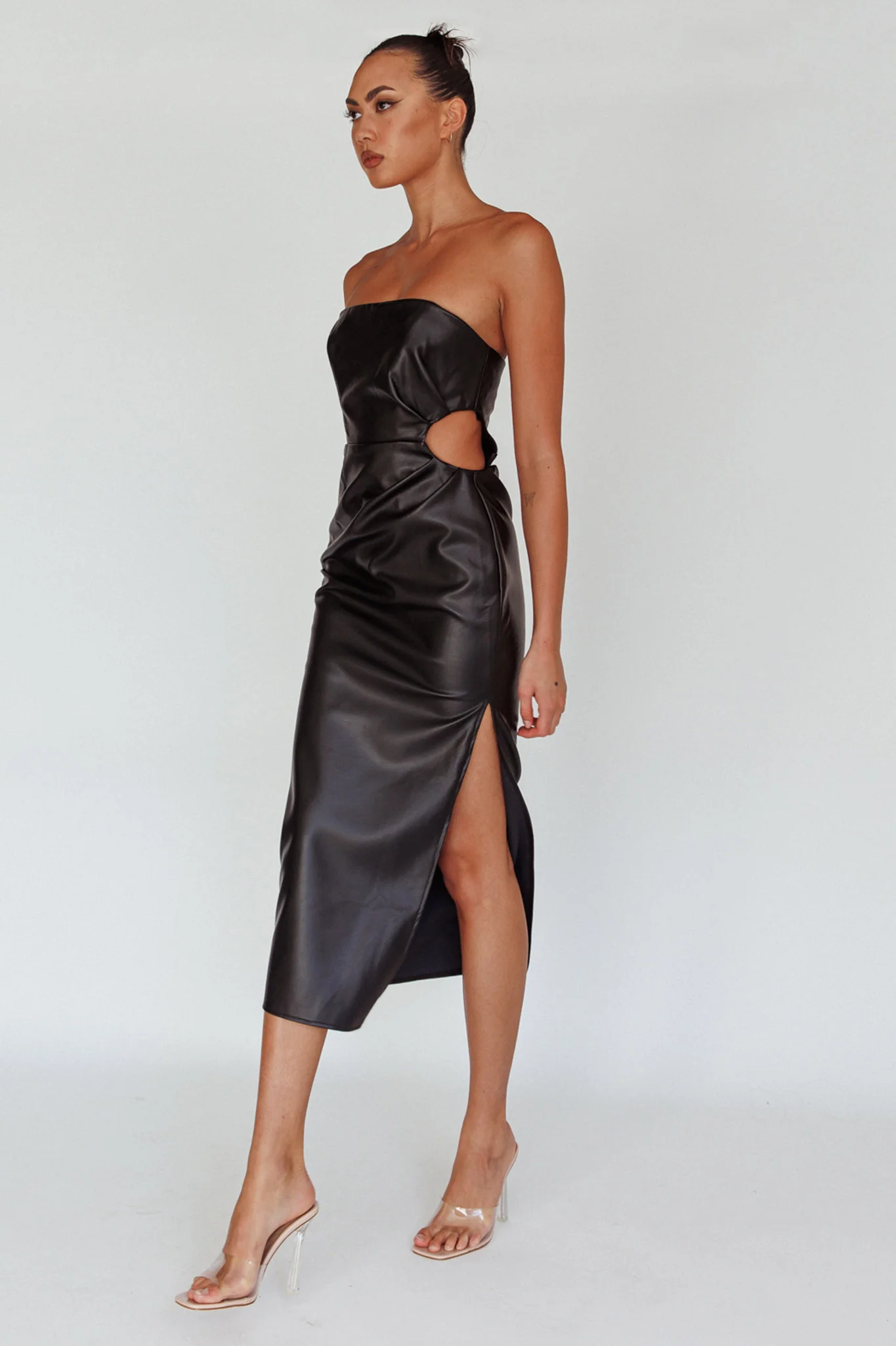 Taking Bets Strapless Midi Dress Leather Black