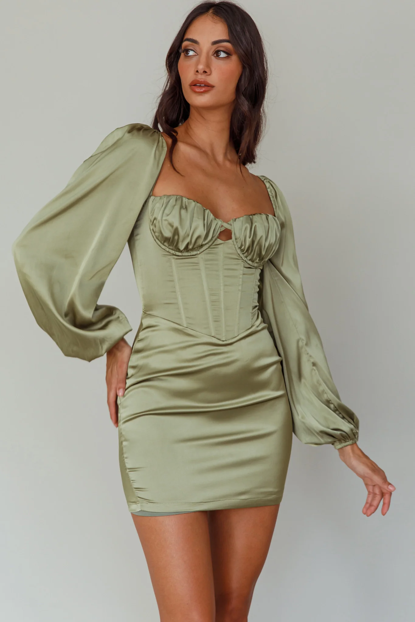 Au Revoir Long Sleeve Satin Mini Dress Sage