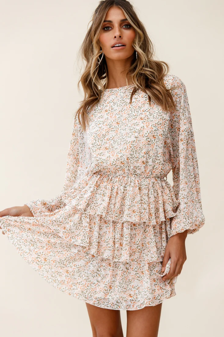 Odessa Long Sleeve Layered Ruffle Dress Floral Print Nude