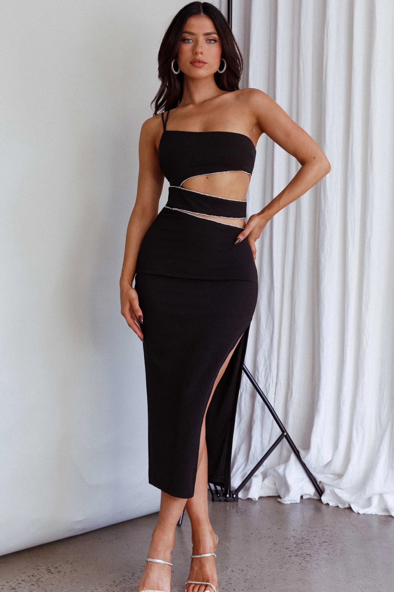 Raye Cut-Out Waist Rhinestone Midi Dress Black