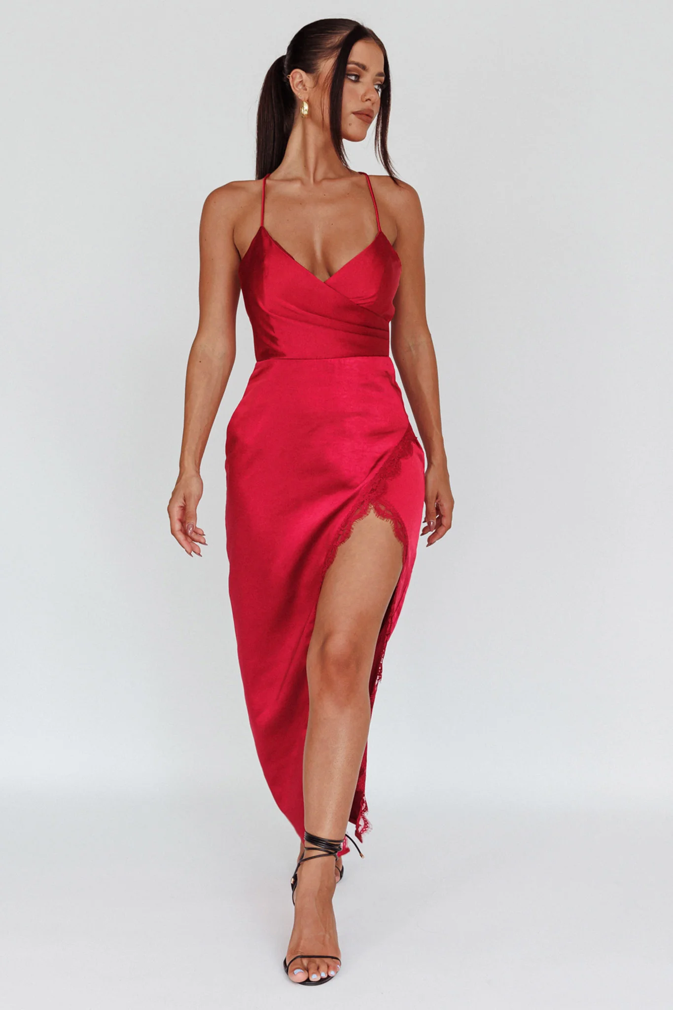 Winter Moon Lace Trim Midi Dress Wine