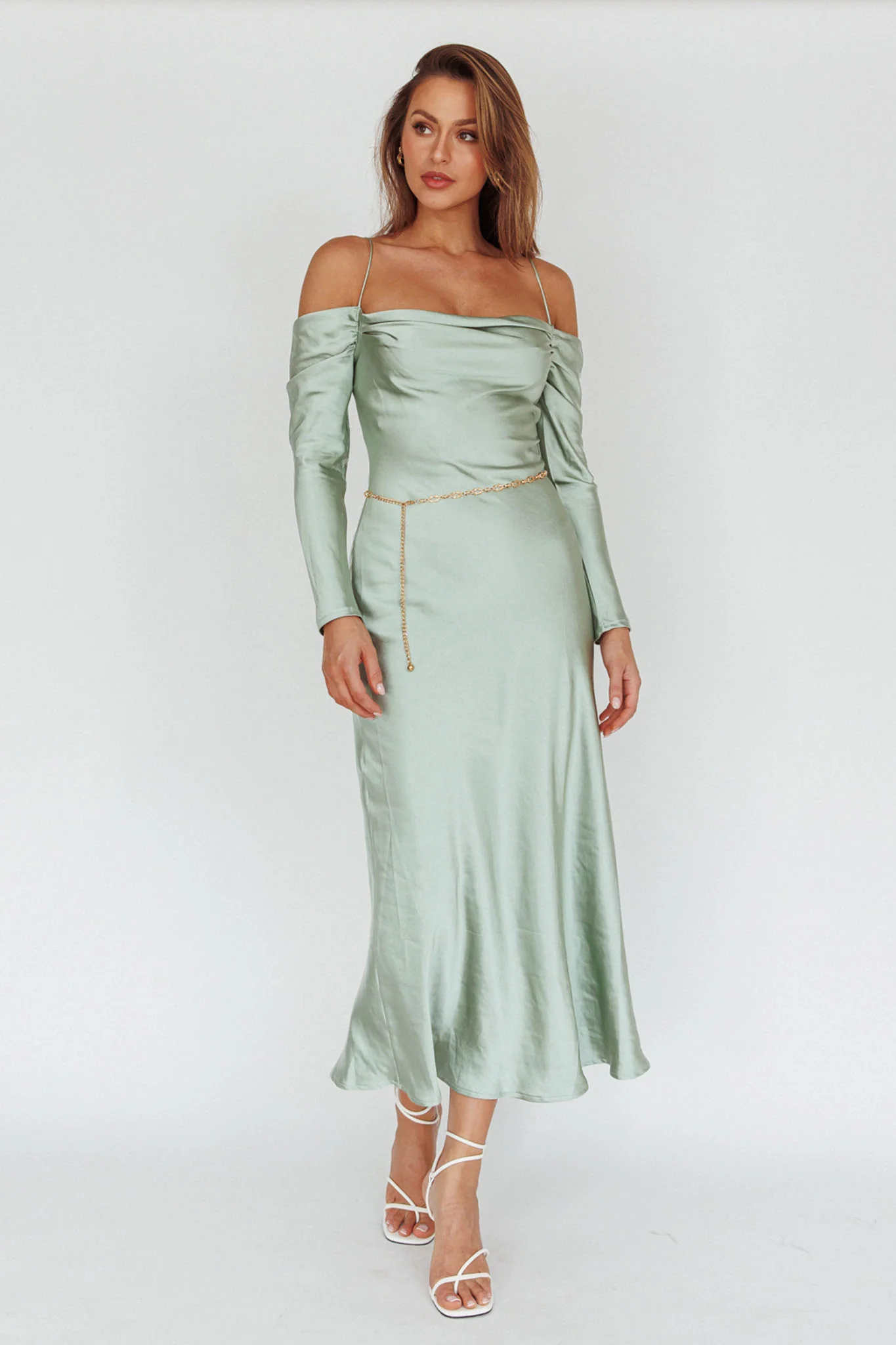 Ellory Long Sleeve Off-Shoulder Dress Sage