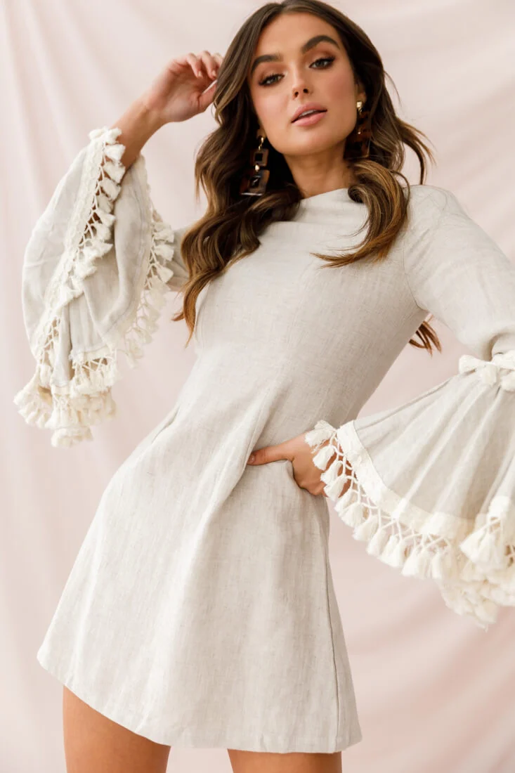 Sahara Tassel Trim Bell Sleeve Dress Beige