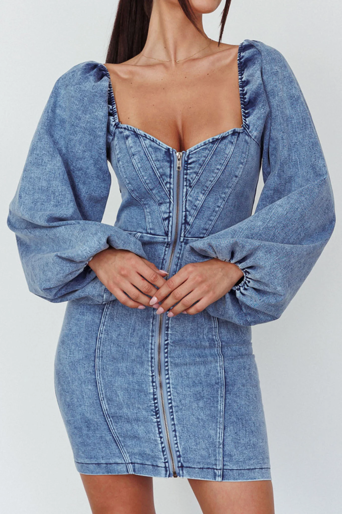 Tasmyn Balloon Sleeve Zipper Mini Dress Denim