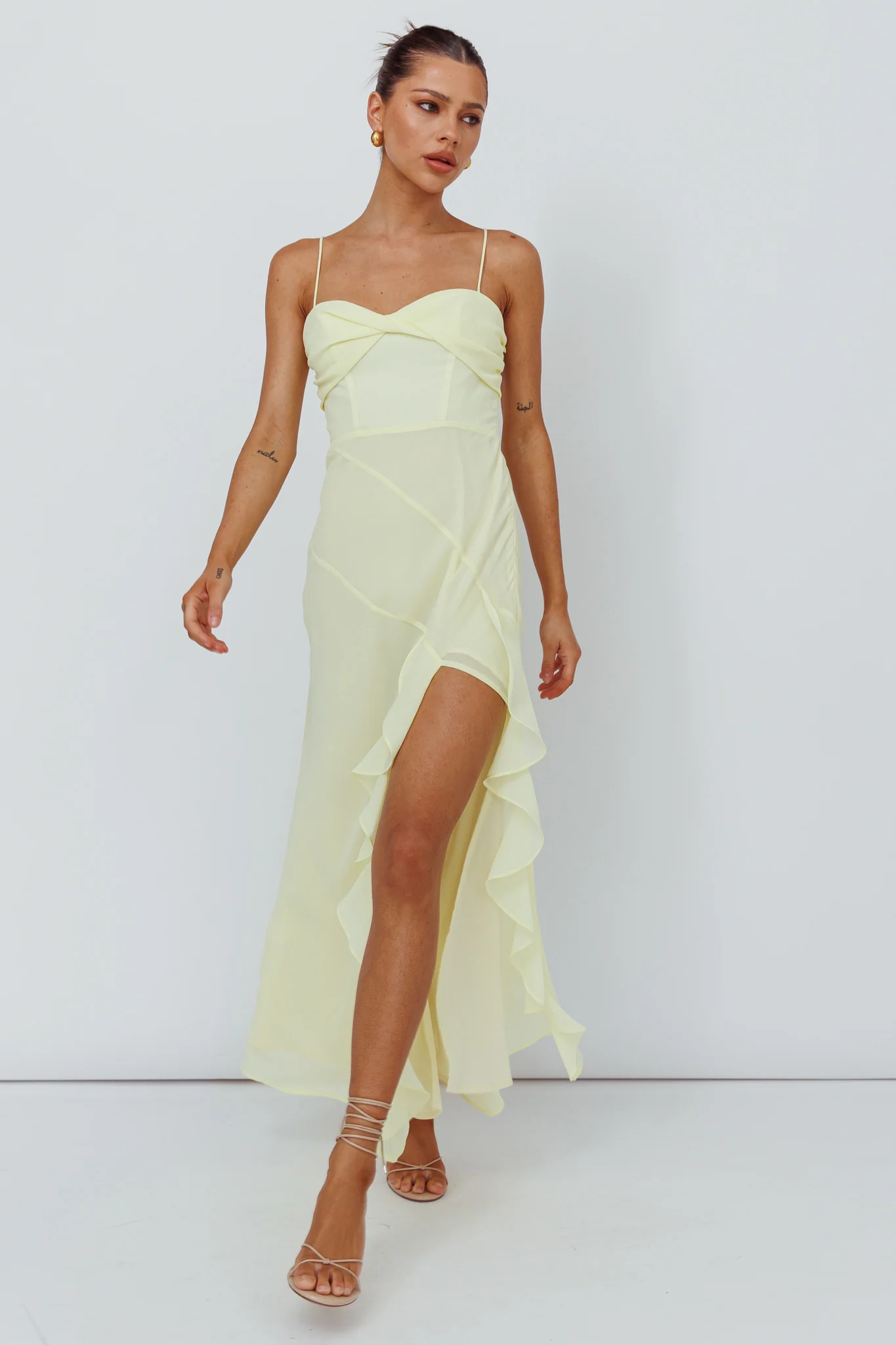 Jayna Ruffle Trim Split Dress Yellow