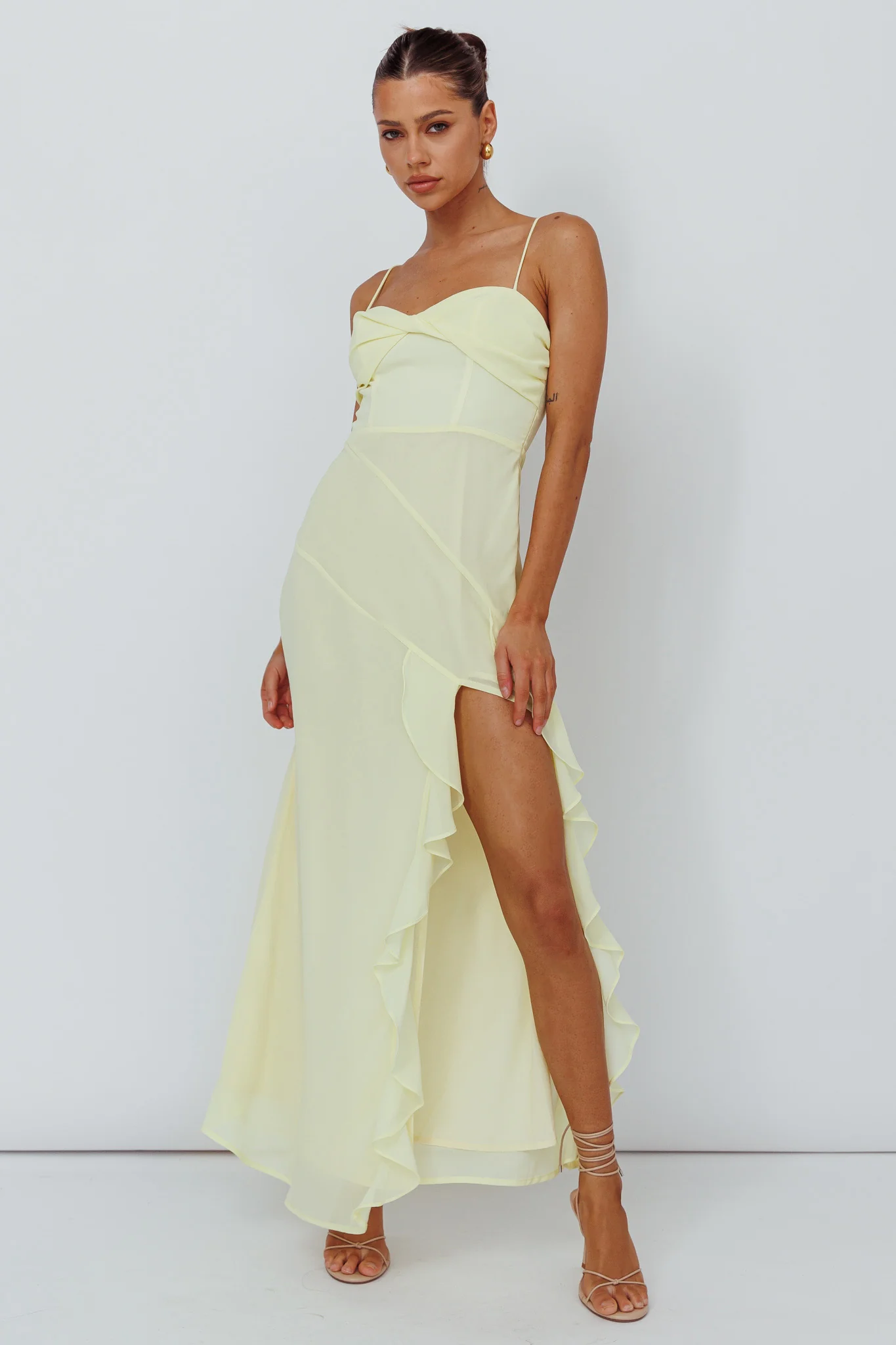 Jayna Ruffle Trim Split Dress Yellow