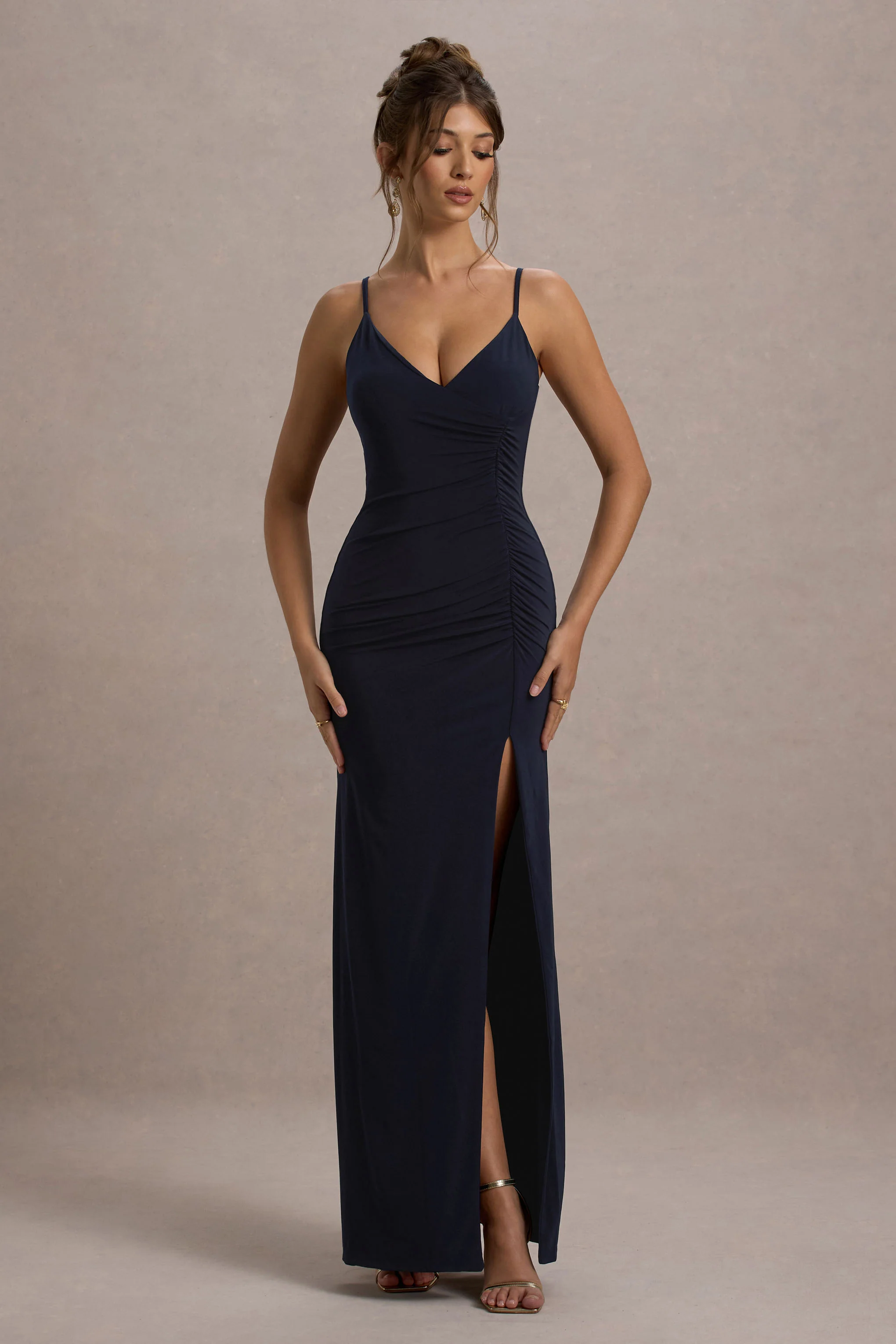 Jeanne | Navy Plunge Ruched Cami Maxi Dress With Split