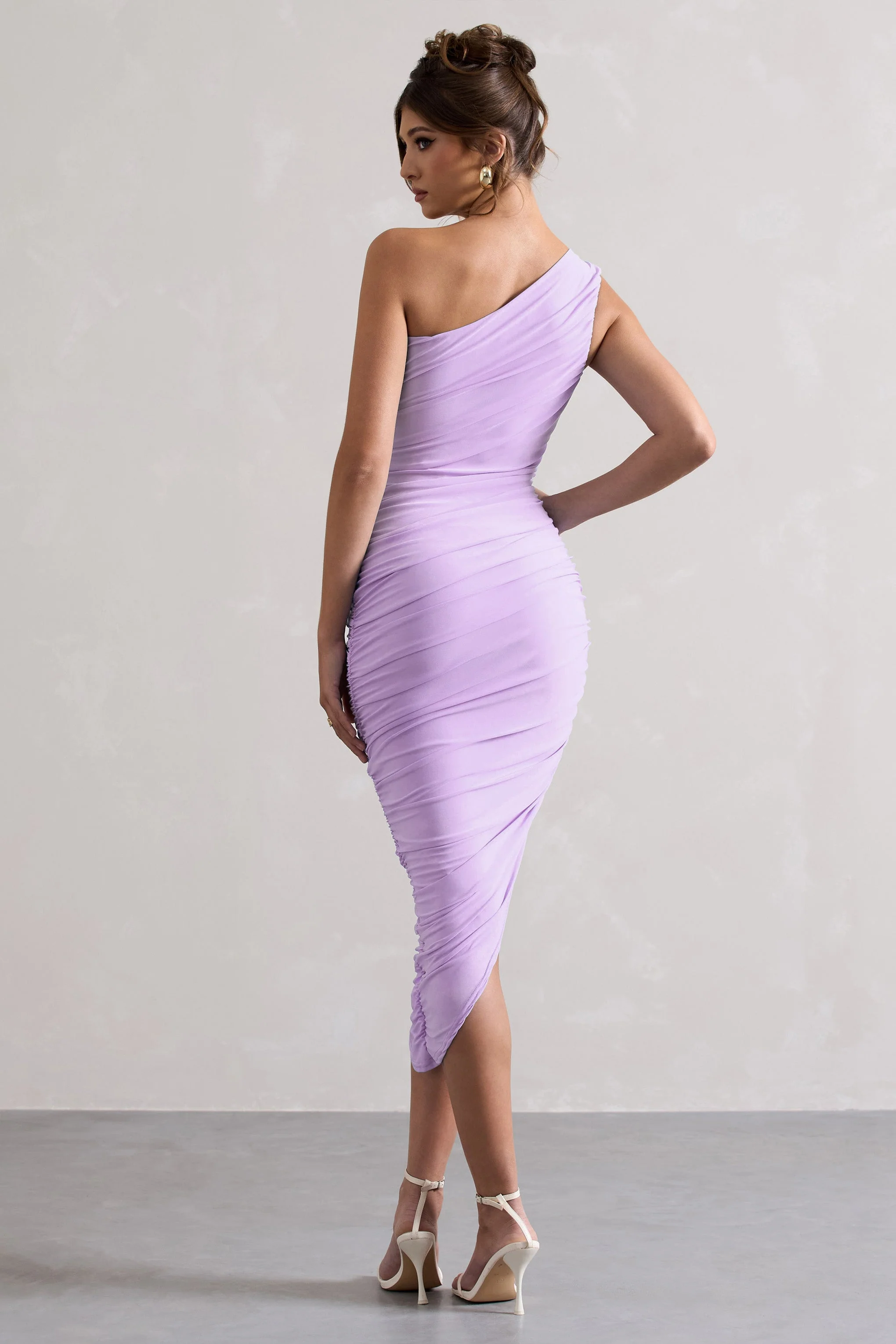 Dorit | Lilac One Shoulder Asymmetric Ruched Midi Dress