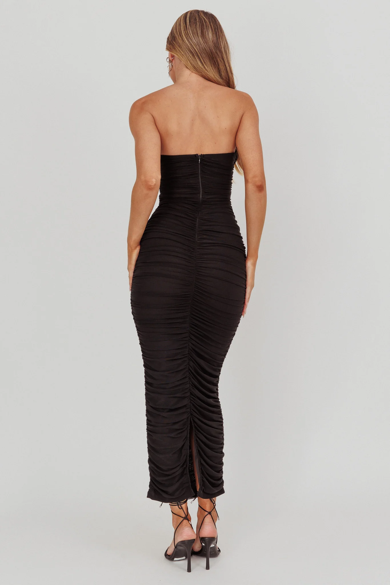 Midwest Strapless Gathered Mesh Maxi Dress Black