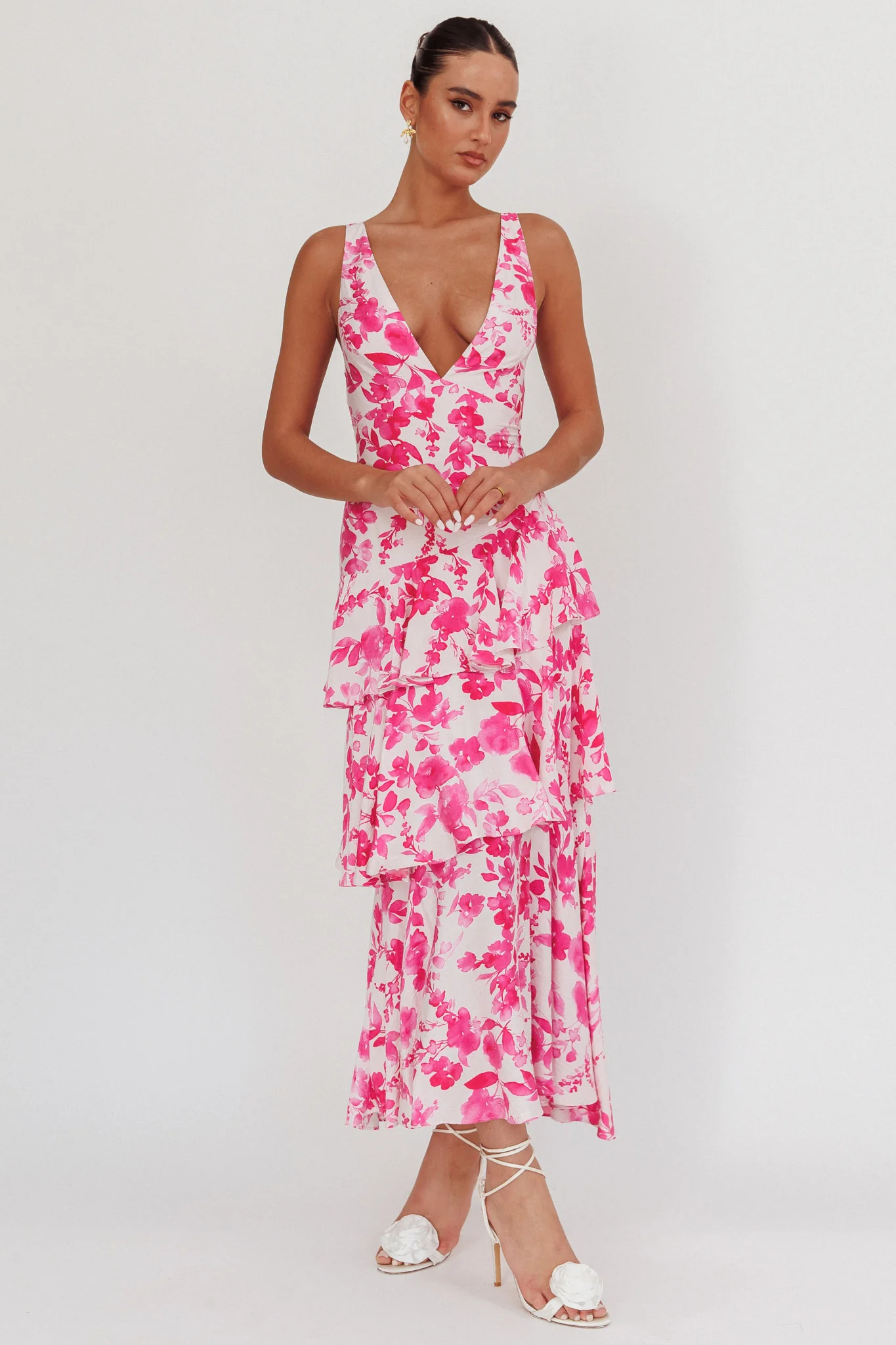 Veda Strappy Back Ruffle Maxi Dress Floral Fuchsia