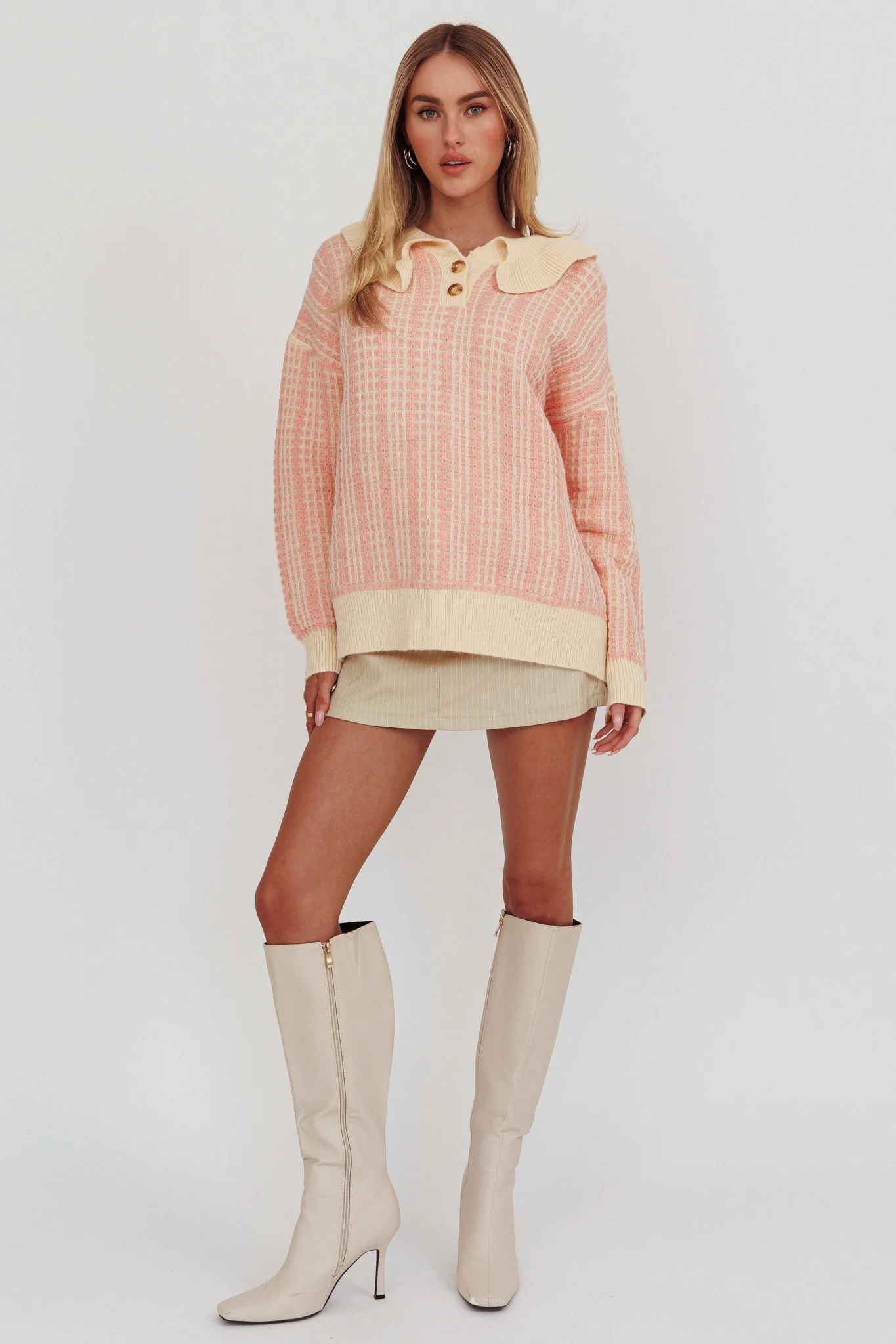 Rewrite Quarter Button Knit Sweater Coral
