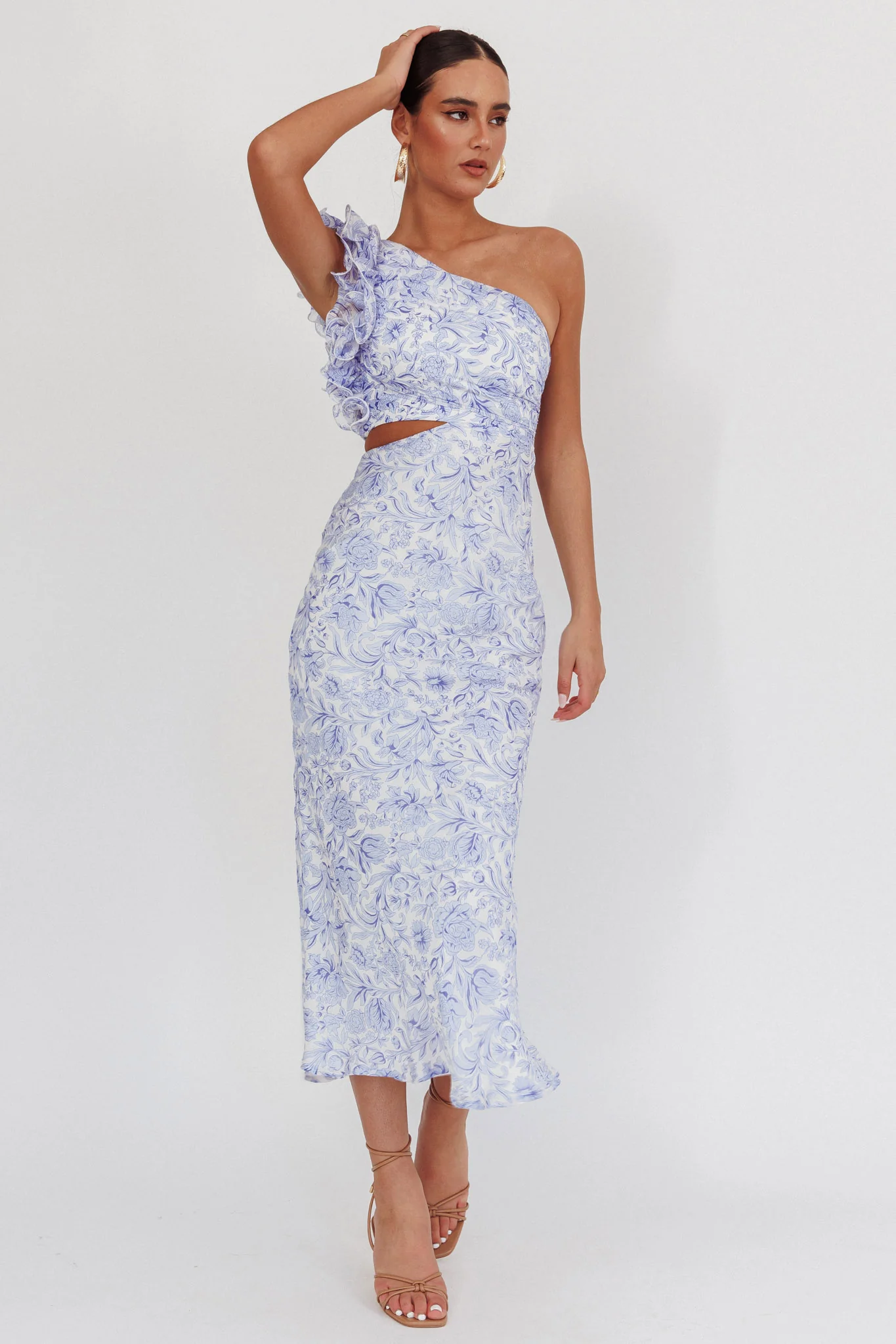 Deanna One-Shoulder Ruffle Midi Dress Floral Blue