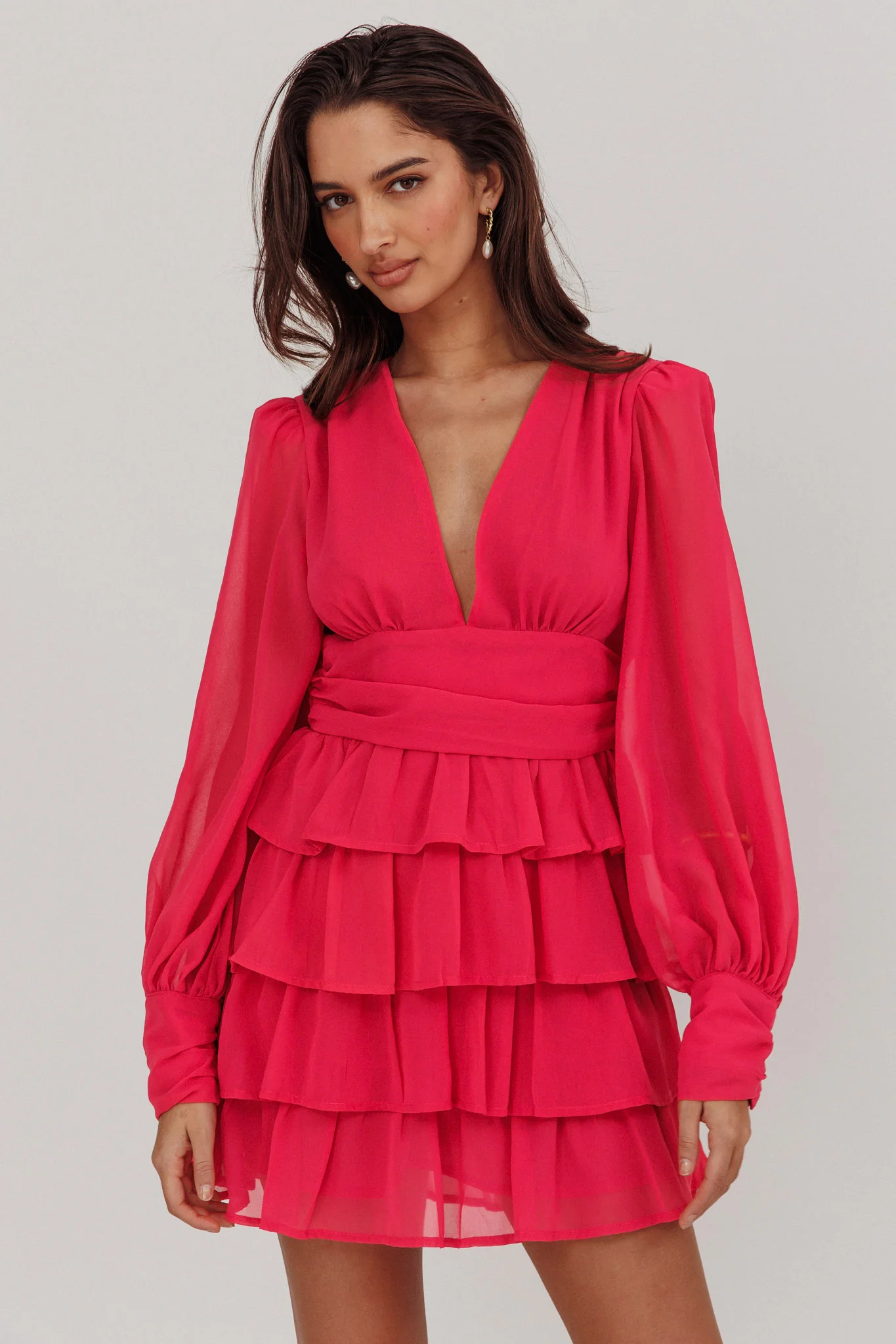Dalisa Long Sleeve Ruffle Mini Dress Fuchsia