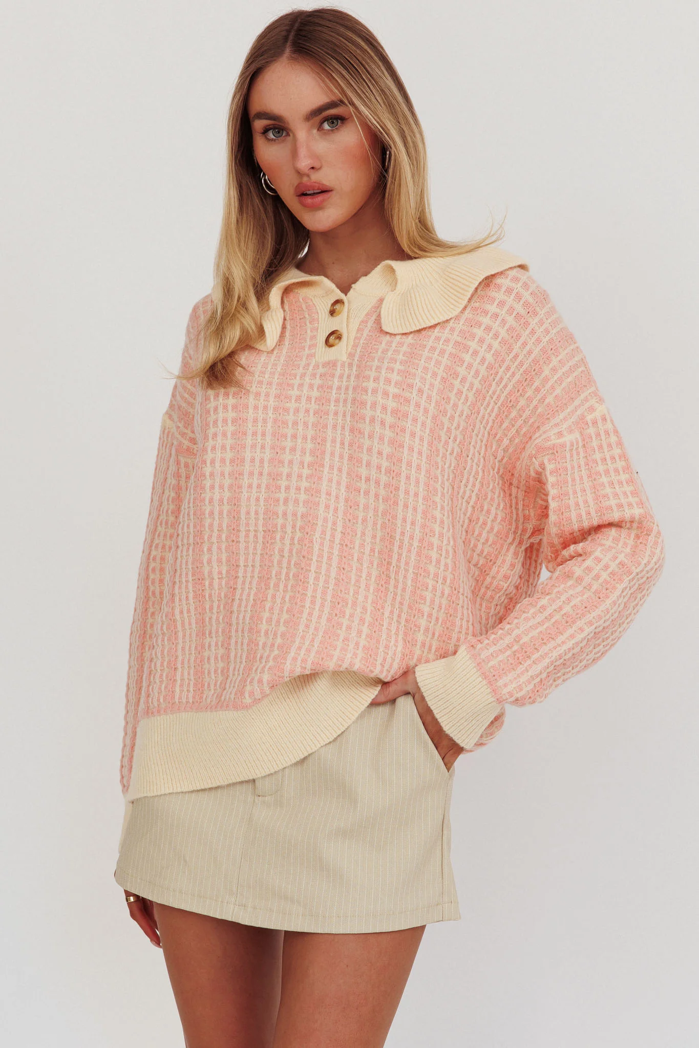 Rewrite Quarter Button Knit Sweater Coral