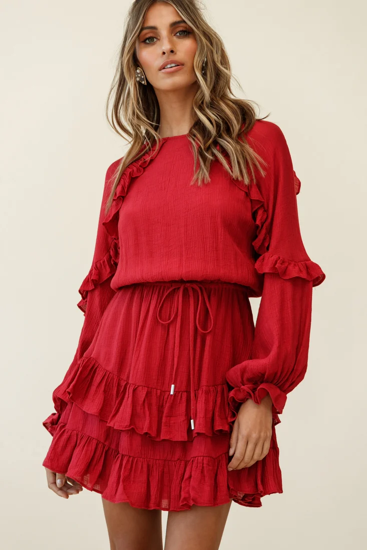 Best Wishes Long Sleeve Frill Detail Dress Wine
