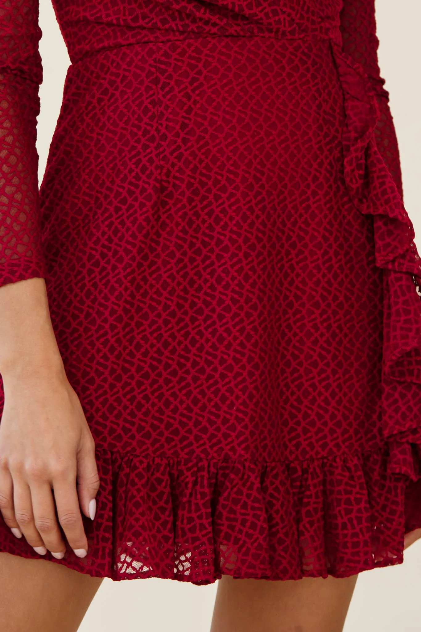 Madonna Long Sleeve Ruffle Trim Embroidered Dress Wine