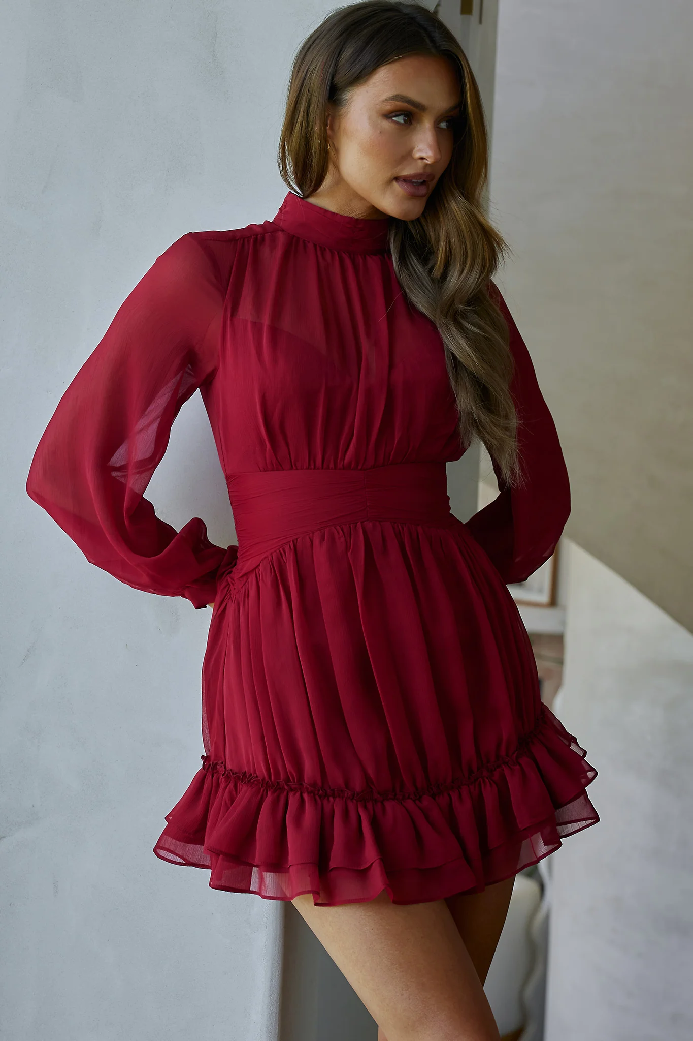 Mandalay High Neck Long Sleeve Waistband Dress Wine