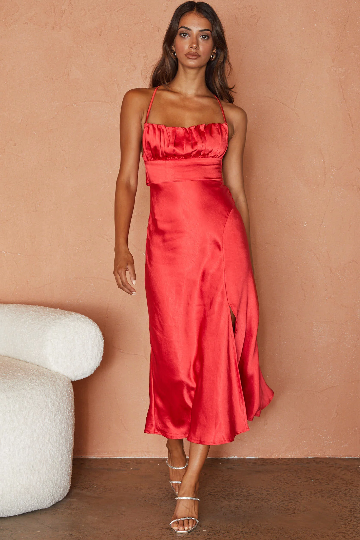 Lakoda Gathered Bust Bow Tie Back Midi Dress Red