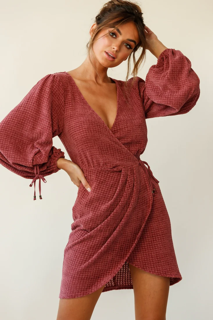 Make Way Balloon Sleeve Wrap Dress Plum