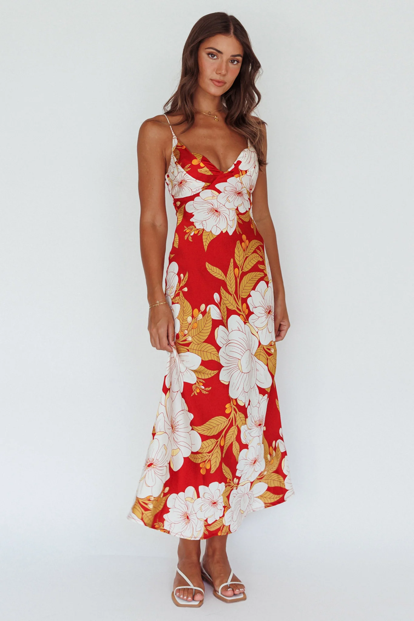 Infinity Pintuck Bust Midi Dress Flower Red