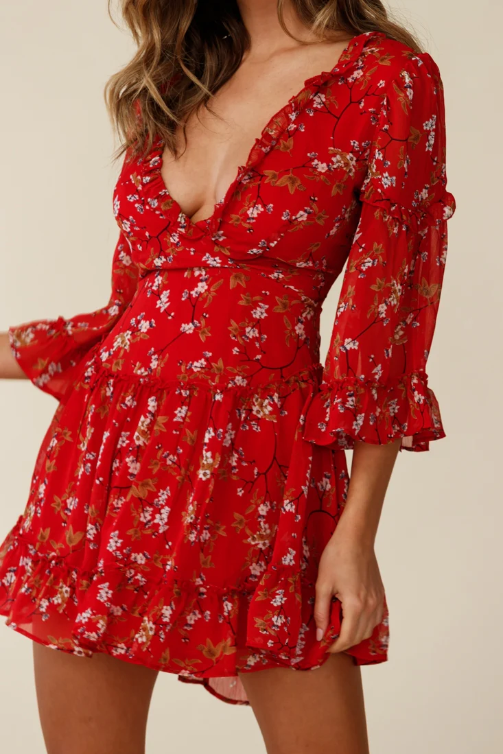 Albany Bell Sleeve Frill Dress Floral Print Red