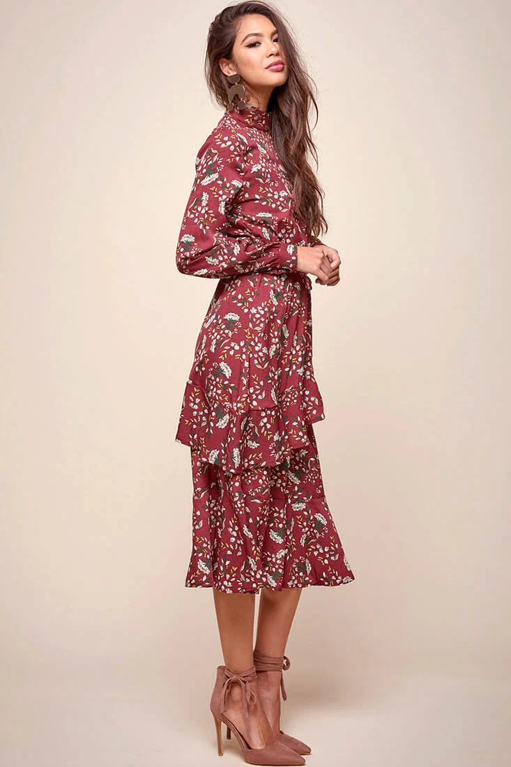 Jackson Waist Tie Bell Sleeve Dress Red Wine