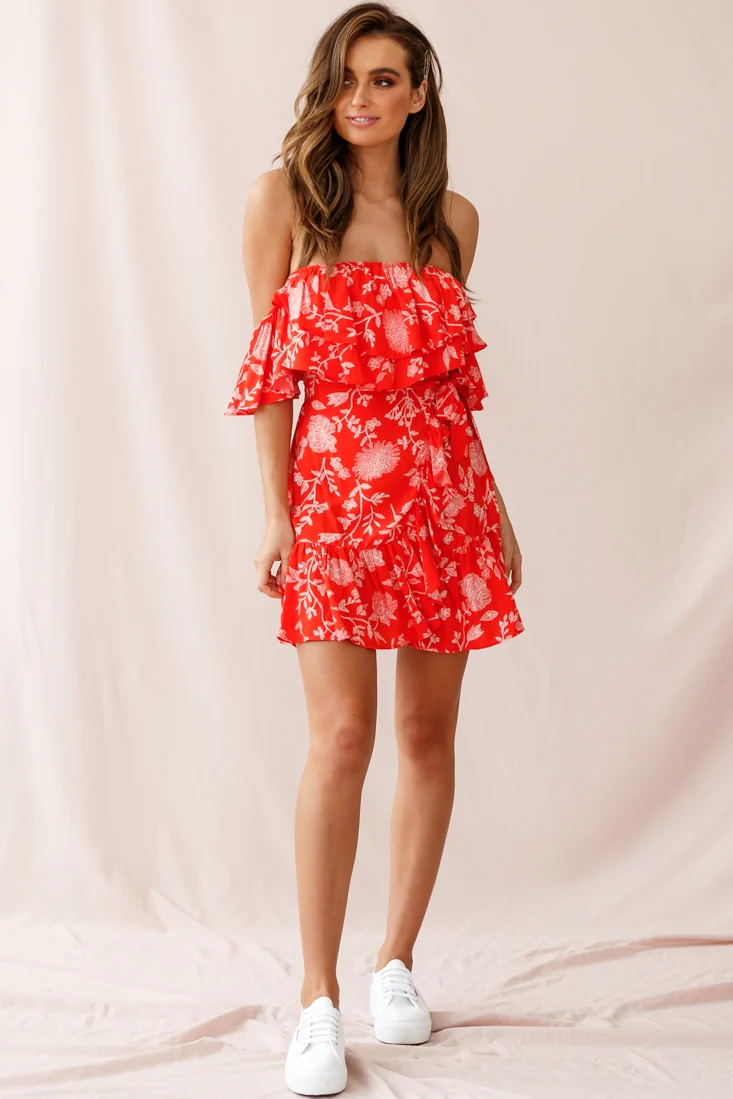 Audrina Off-Shoulder Wrap Dress Floral Print Red