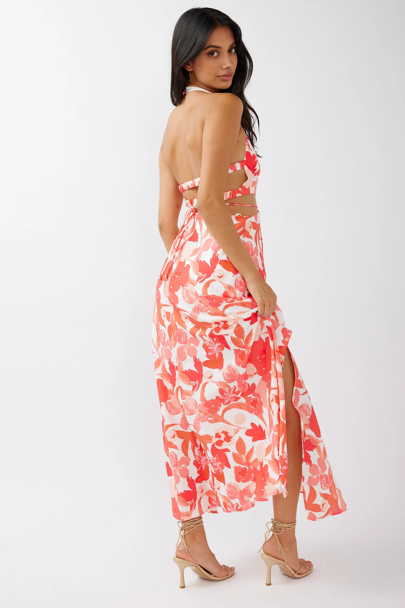 Tuscan Summers Cut-Out Midi Dress Floral Red