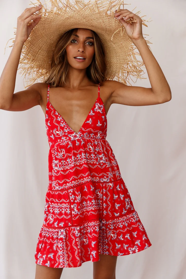 Ariya V-Neckline Frill Hem Sun Dress Red Print