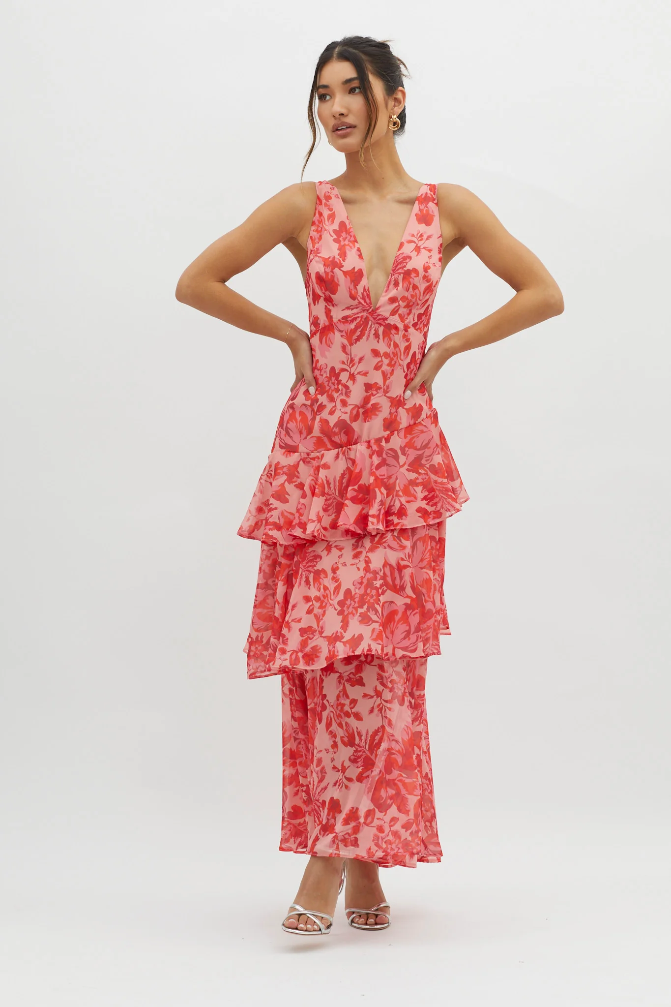 Veda Strappy Back Ruffle Midi Dress Floral Red