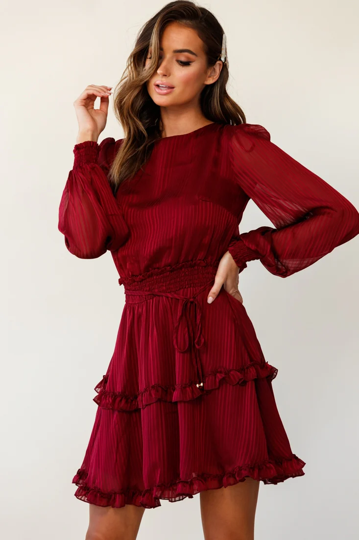 Mildred Long Sleeve Shirred Waist Frill Dress Wine