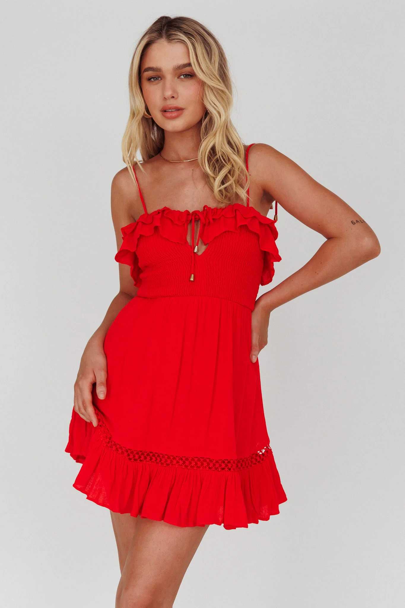 Daydream Shirred Bust Frill Trim Mini Dress Red