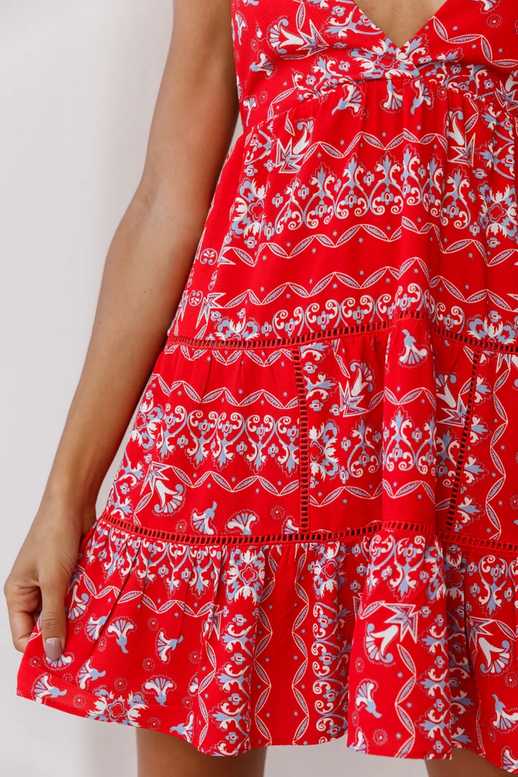 Ariya V-Neckline Frill Hem Sun Dress Red Print