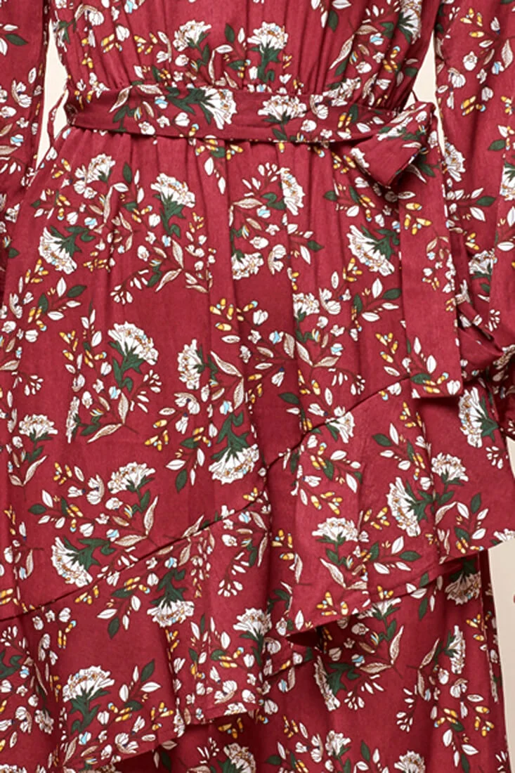 Jackson Waist Tie Bell Sleeve Dress Red Wine