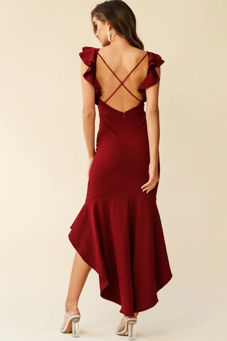 Pearl Ruffle Strap High-Low Hem Dress Plum