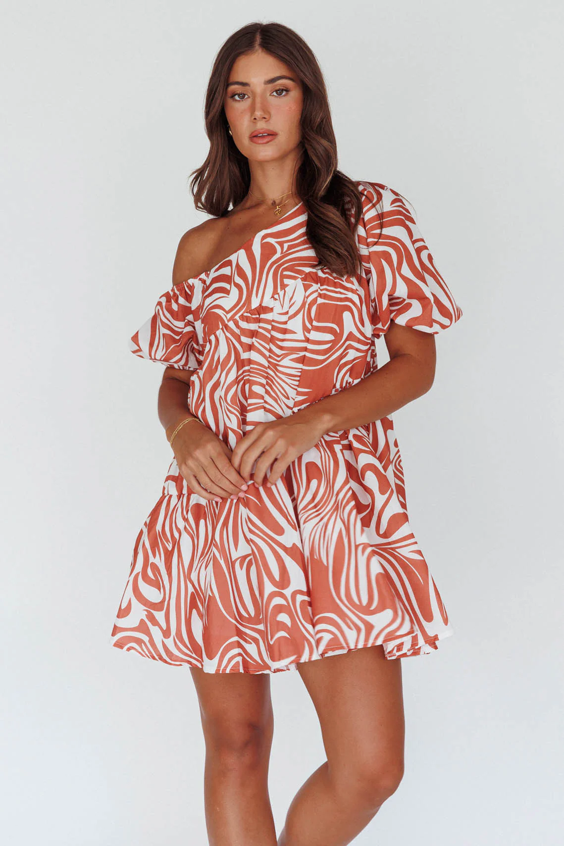 Villa Puff Sleeve One-Shoulder Dress Terracotta