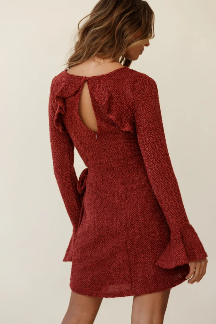 Minerva Flared Cuff Knit Wrap Dress Maroon