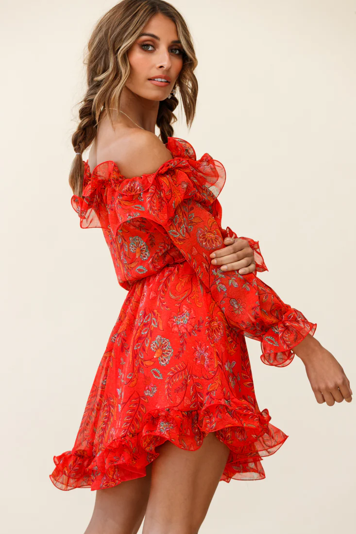 Rhiannon Off-Shoulder Lettuce Frill Dress Floral Print Red