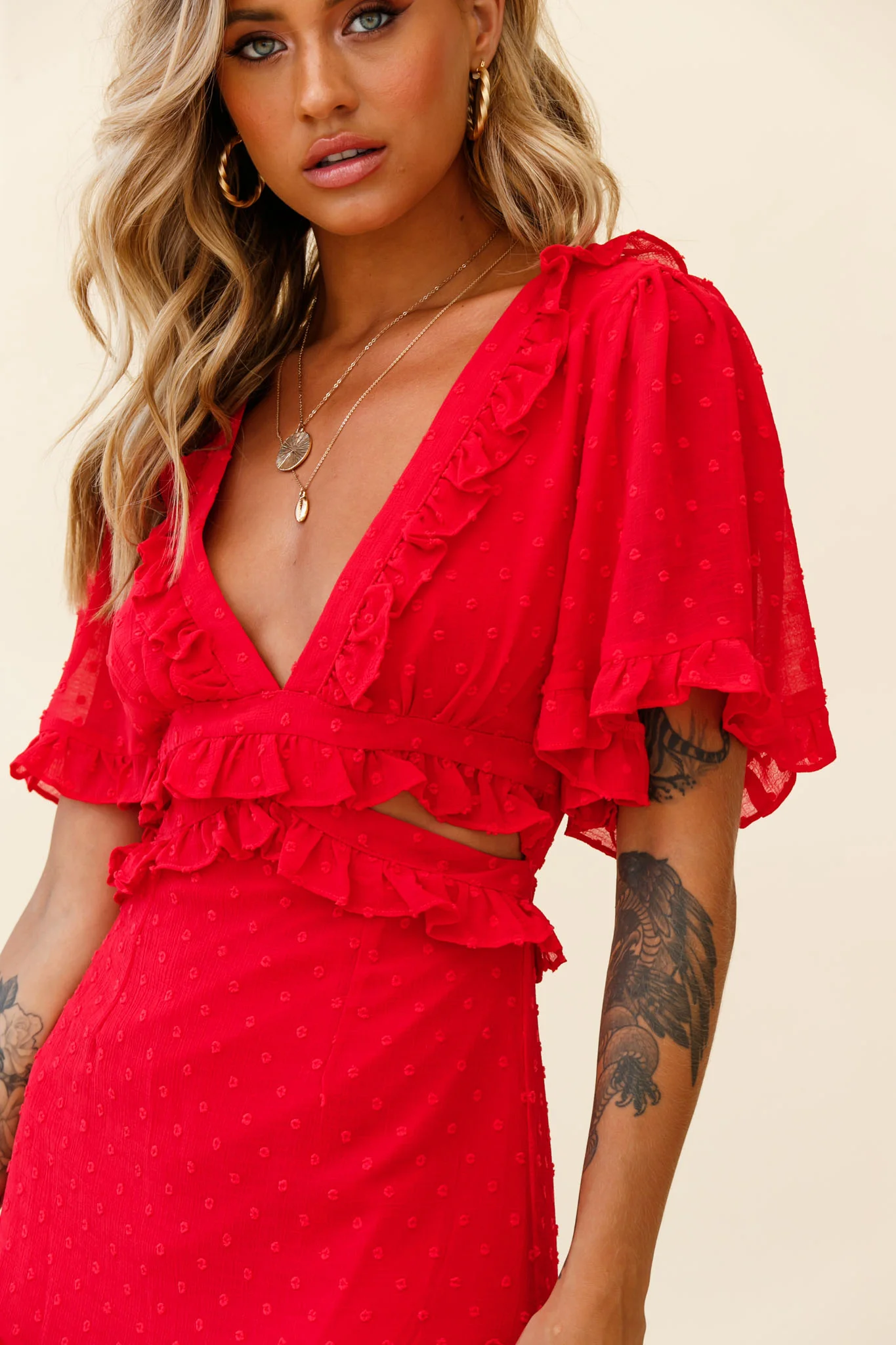 My Belle Cut-Out Detail Frill Accent Dress Red