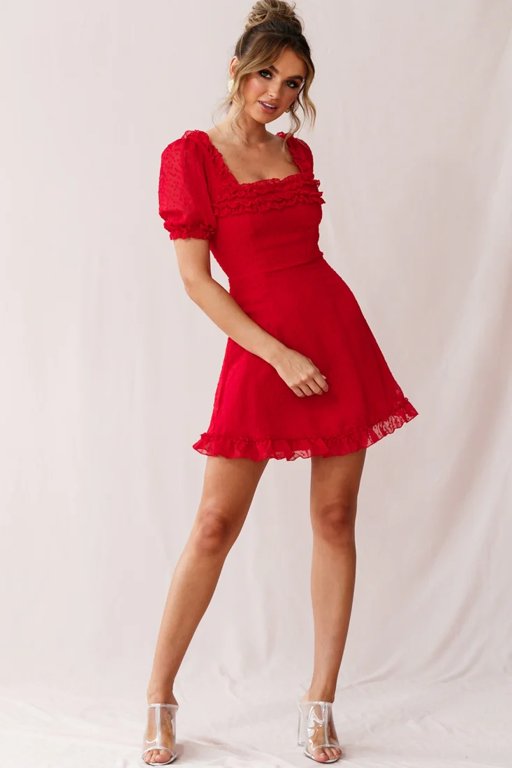 Lara Puff Sleeve Frill Dress Red